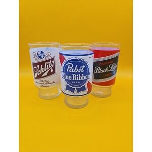 Vintage 1960's Brand Beer Glasses Black Label Schlitz Pabst Blue Ribbon Exc
